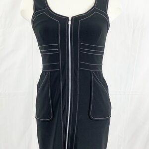 🤍 Joseph Ribkoff Black Zip-Front Sheath Dress – White Contrast Stitching
